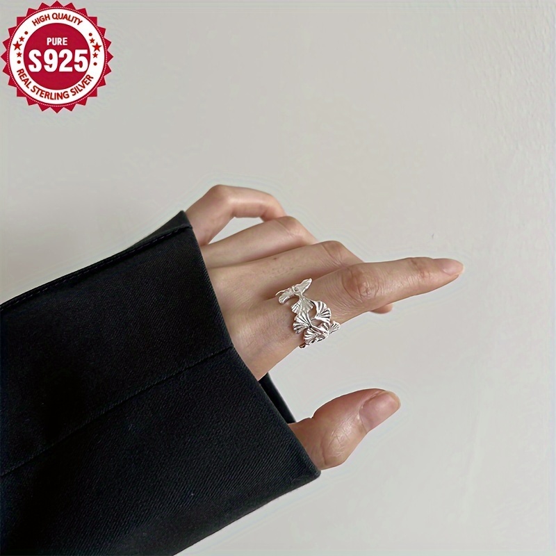 925 Silver Wide Ginkgo Leaf Ring Elegant Design